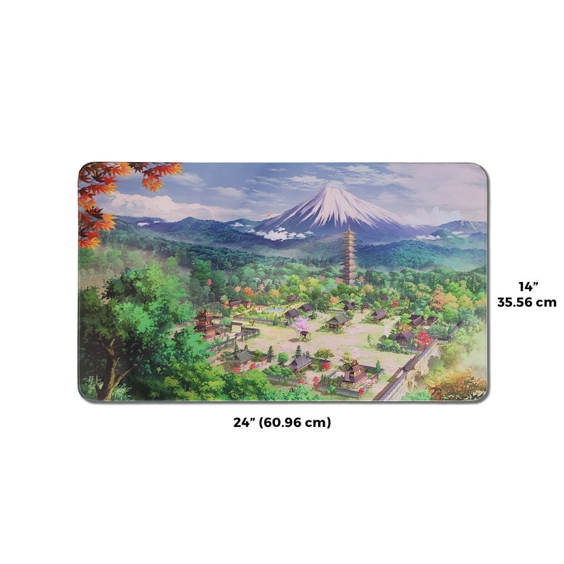 May include: A colorful illustration of a Japanese village with a mountain in the background. The village is surrounded by trees and flowers. The mountain is snow-capped and has a pagoda on top. The illustration is 24 inches wide and 14 inches tall.