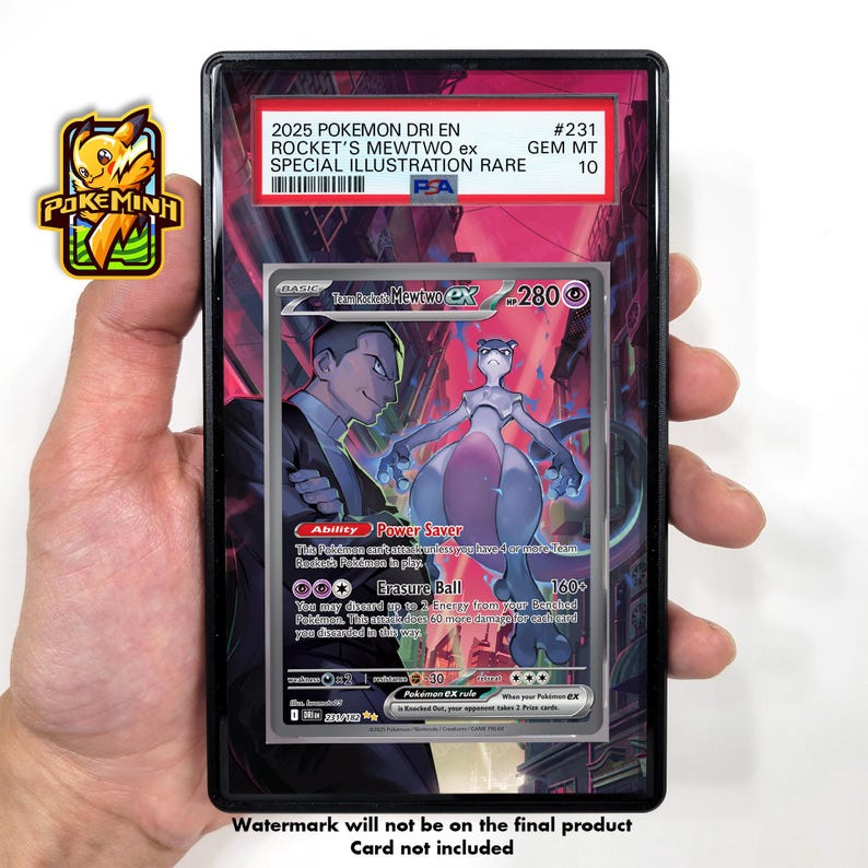 May include: A graded Pok&eacute;mon card featuring Rocket's Mewtwo ex, a special illustration rare. The card is encased in a black holder with the text "2025 POKEMON DRI EN" and "GEM MT 10". The card art depicts Mewtwo and a man in a suit.