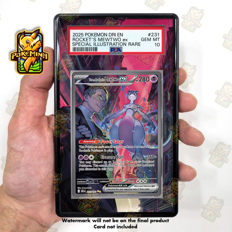 May include: A PSA graded 2025 Pokemon trading card featuring Rocket's Mewtwo ex, labeled as Gem Mt 10. The card displays a purple Mewtwo character and a human figure in a dark, urban setting. The slab includes a red label with text and a barcode.