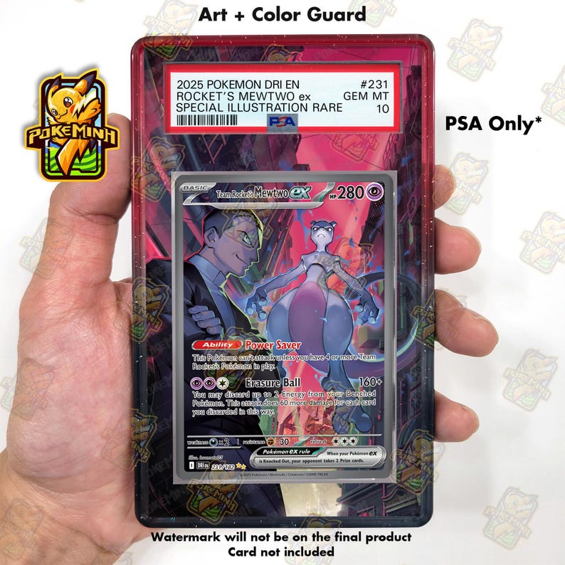May include: A rectangular, dark red and black gradient protective card case featuring a PSA label at the top. The label reads 2025 POKEMON DRI EN #231 ROCKET'S MEWTWO ex SPECIAL ILLUSTRATION RARE GEM MT 10. The case is designed for a trading card.