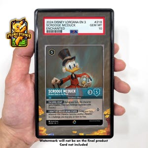 May include: A trading card featuring Scrooge McDuck from the Disney Lorcana trading card game. The card is a  'Storyborn Hero' with a power level of 3 and a cost of 5. The card has a gold background with a picture of Scrooge McDuck holding a golden orb. The card text reads "I'm Going Home!" and "I Didn't Get Rich By Being Stupid."