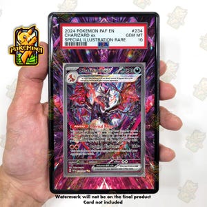 May include: A PSA graded 2024 Pokemon Charizard ex #234 Special Illustration Rare trading card in a protective plastic slab. The card features a dark, crystalline Charizard with 330 HP, labelled Gem Mt 10. The slab has a black border.