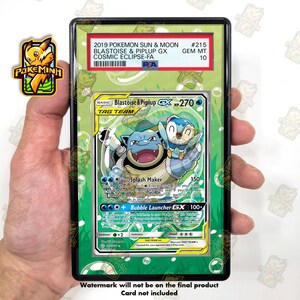 May include: A PSA graded 2019 Pokemon Sun & Moon Blastoise & Piplup GX Cosmic Eclipse-FA trading card, #215, rated Gem Mt 10. The card features the two characters in a bubble-themed illustration with text including Splash Maker and Bubble Launcher GX.