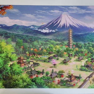 May include: A colorful illustration of a Japanese village with a pagoda, traditional houses, and a mountain in the background. The scene is set in a lush green forest with a blue sky and white clouds.