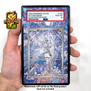 May include: A Pokemon trading card featuring N's Reshiram, a rare illustration card. The card is encased in a black protective holder. The card art depicts a character with white hair and a white dragon. The card is graded as GEM MT 10.