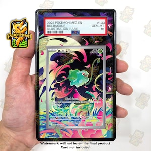May include: A PSA graded 2025 Pokemon Bulbasaur Illustration Rare trading card in a black plastic slab. The card features a green Bulbasaur with pink and blue abstract floral patterns. The label reads 2025 POKEMON MEG EN BULBASAUR GEM MT 10.