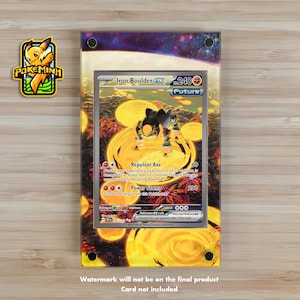 May include: A Pokemon trading card featuring Iron Boulder EX, a dark grey and orange Pokemon with a yellow background. The card has a power of 240 and is a Future type. The card has two attacks: Repulsor Axe for 60 damage and Power Stomp for 200 damage.