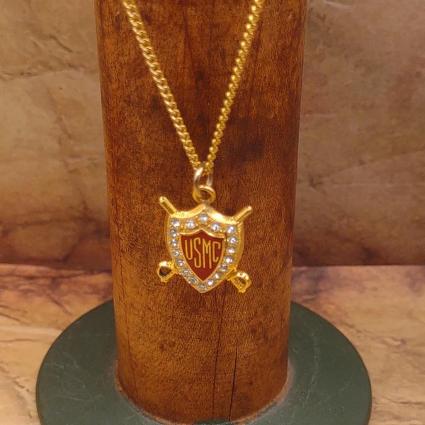 USMC- Shield Gold Tone- Crystal- Enameled- Vintage 18" Necklace- United States Marine Corps- Marine Corps Necklace TE#98