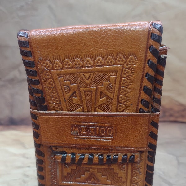 Hand Tooled Leather- Mexico- Vintage Cigarette Case- (Holds matches)- Brown Leather Joint Case- Mexico Leather Case TE#56