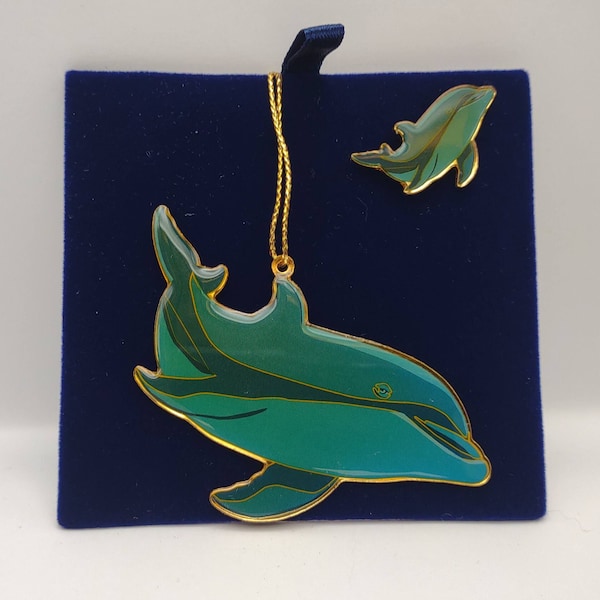 Wyland Gallery Dolphin Christmas Tree Ornament and Matching Pin- Vintage Realistic Dolphin Souvenir Tree Decoration Gift Set- TE#18