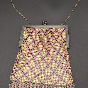 Whiting & Davis Co. Bags- Mesh Purse- Antique Mesh Purse- Enameled Mesh Purse- Antique Hand Bag- 1920s Mesh Handbag- Chain Mail Purse TE#66