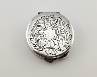 Vintage Sterling Silver Pill Box Hand Etched Floral Design Petite Square Trinket Case