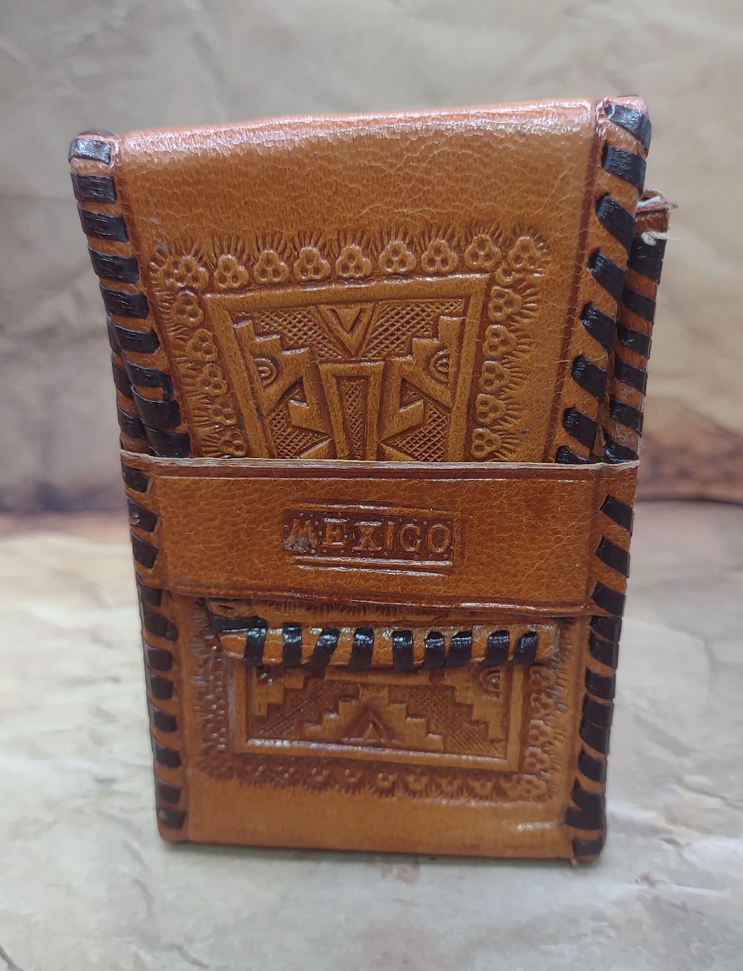 mexico cigarette box Hand Tooled Leather- Mexico- Vintage Cigarette Case- (holds Matches)- Brown  Leather Joint Case- Mexico Leather Case TE#56