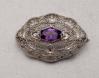 14 Kt White Gold, Diamond, Amethyst Brooch- 1930s Antique Art Deco Fine Jewelry- Romantic Filigree Estate Jewelry Gift-   TE#53