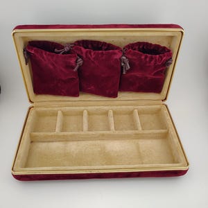 Vintage Velvet Jewelry Travel Case Burgundy Velveteen Storage Box with Removable Pouches