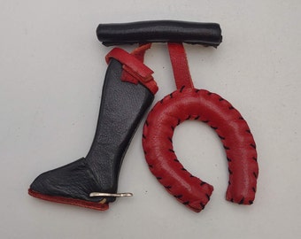 1930&#39;s Antique Equestrian Horse Shoe and Riding Boot with Spur Leather Brooch- Hand Made Antique Jewelry- Cowboy Boot and Horseshoe TE#12