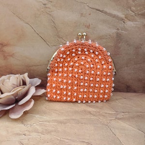 Orange Beaded Coin Purse- Vintage Coin Purse- Beaded Change Purse- Vintage Chain Purse- Beadwork Purse- Beaded Change Purse TE#94