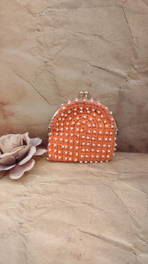 Orange Beaded Coin Purse- Vintage Coin Purse- Bea… - image 1