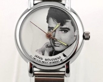 Vintage 1980s Elvis Presley Watch Memories Movie Star Collection Working Silver Stretch Band