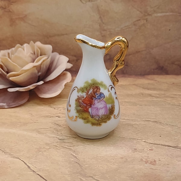 SA Limoges France- Miniature Vase Pitcher- Detailed Hand Painted Porcelain- Vintage Fine China Trinket- Doll House - Courting Couple TE#185