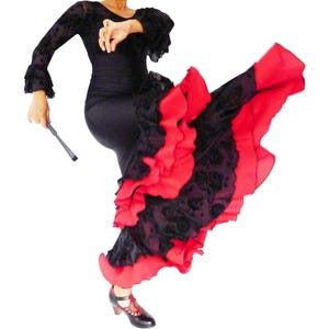 Set flamenco dance skirt and top, high waisted, S/M/L/XL -Red Black roses velvet model: MiamiB