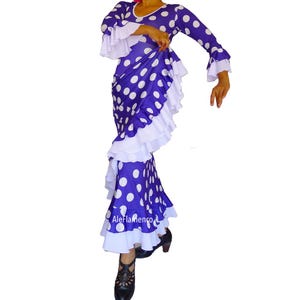 Top- flamenco dance top, Basic Top Purple White polka dots
