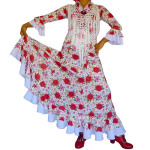 Set- flamenco dance skirt, top & mantoncillo, falda, top, pico reversible con estampado de mantón de Manila (White Bg)