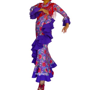 Set- flamenco dance skirt, top & mantoncillo, falda, top, pico reversible con estampado de mantón de Manila (Purple Bg)