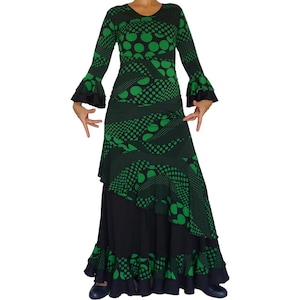 Top- flamenco dance top, Basic Top Black Green purple white polka dots abstract