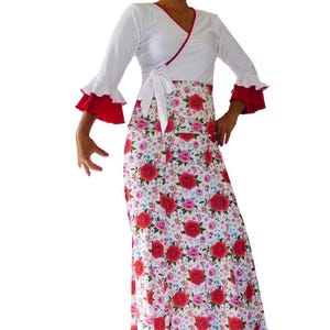 Top-White/Red Wrap Tie Top Flamenco dance Size S/M/L -Model: Minorca-A