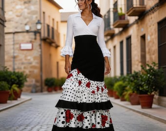 Professionally Handmade Flamenco Skirt with Ruffles - Black white Polka dots and Roses embroidered print.