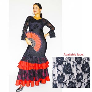 Flamenco dance skirt , high waisted, Red Black roses lace- model: MiamiB
