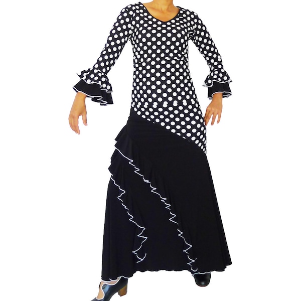 Black White polka dots flamenco dance top, Spanish theme top, Spanish costume, Bohemian, ruffles sleeves, Size S/M/L/XL