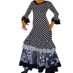 M-Set- flamenco dance skirt and top, high waisted, adjustable length  black white polka dots Size Medium
