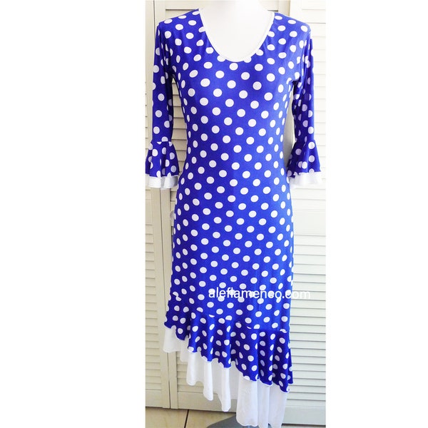 Polka dots tunic-Flamenco dance  top , blouse,  blue white, Spanish costume