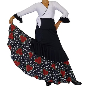 L Skirt- Flamenco dance skirt, high waisted flamenco skirt,  Polka dots large print roses embroidered print
