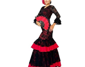 Set Top and Flamenco Skirt with embroidered stretch lace - Falda Flamenca Red Black