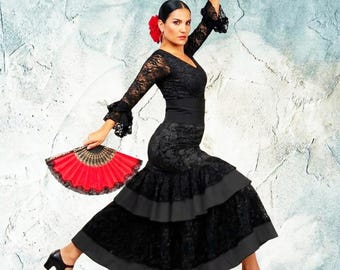 Flamenco Performance Skirt - Elegant High-Waist Ruffle Skirt  - Falda Flamenca Black Lace