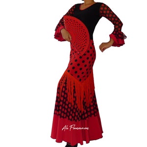 Red Black polka dots flamenco dance top, ruffles sleeves size Small