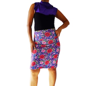 Casual skirt, foldable waistband  flamenco theme- Manton printed (black/Purple/white background)