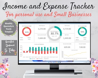 May include: A computer screen displaying a colorful income and expense tracker dashboard. The dashboard includes charts, graphs, and financial data, with a net profit margin of 30.7%. The dashboard is titled "Income and Expense Tracker for personal use and small businesses".