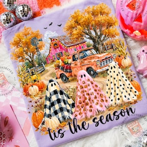 Tis The Season Ghost PNG, Pumpkin Patch Ghosts Design, Farmhouse Halloween PNG, Checkered Leopard Polka Dot Ghosts, Fall Pumpkin Shirt Png