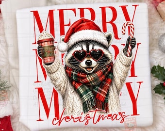 Retro Christmas Raccoon PNG, Merry Christmas Png, Cute Holiday Coffee Raccoon, Funny Winter Sublimation Design, Xmas Png