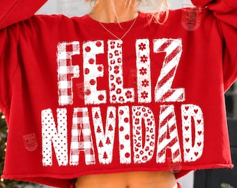Feliz Navidad PNG, Patterned Christmas Letter Design, Buffalo Plaid Polka Dot Holiday Sublimation, Distressed Xmas Shirt Graphic
