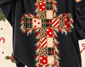 Christmas Patchwork Cross Png, Faux Stitched Christian Cross, Leopard Plaid Polka Dot Cross, Religious Holiday Sublimation Png