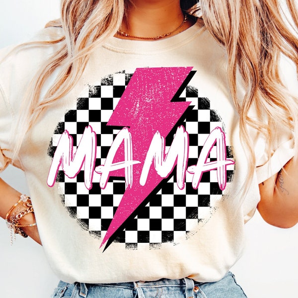 Mama Mother's Day Lightning Bolt PNG Sublimation PNG Files Checkered, Retro Checkered Mama PNG, Distressed Checkerboard Mom Shirt Design