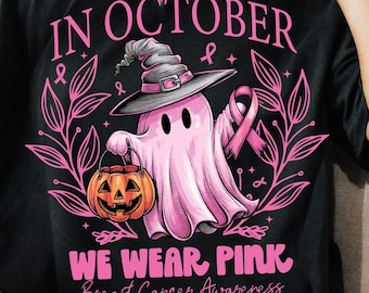 En octubre vestimos de rosa Fantasma PNG, Fantasma rosa de Halloween PNG, Concientización sobre el cáncer de mama PNG, Sublimación de camisetas de Halloween, Halloween rosa PNG