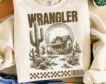 Wrangler PNG, design de camisa western com efeito desgastado, PNG para sublimação western, design de camisa retrô, PNG para sublimação de cowgirl, PNG de deserto, sublimação