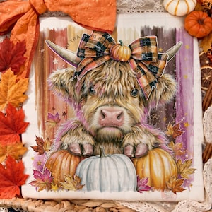 Highland Cow Fall PNG: Autumn Pumpkin Plaid Bow Brushstroke Leaves Design Digital Download