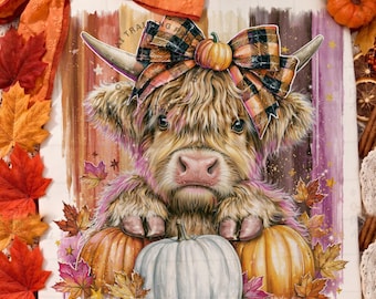 Highland Cow Fall PNG: Autumn Pumpkin Plaid Bow Brushstroke Leaves Design Digital Download